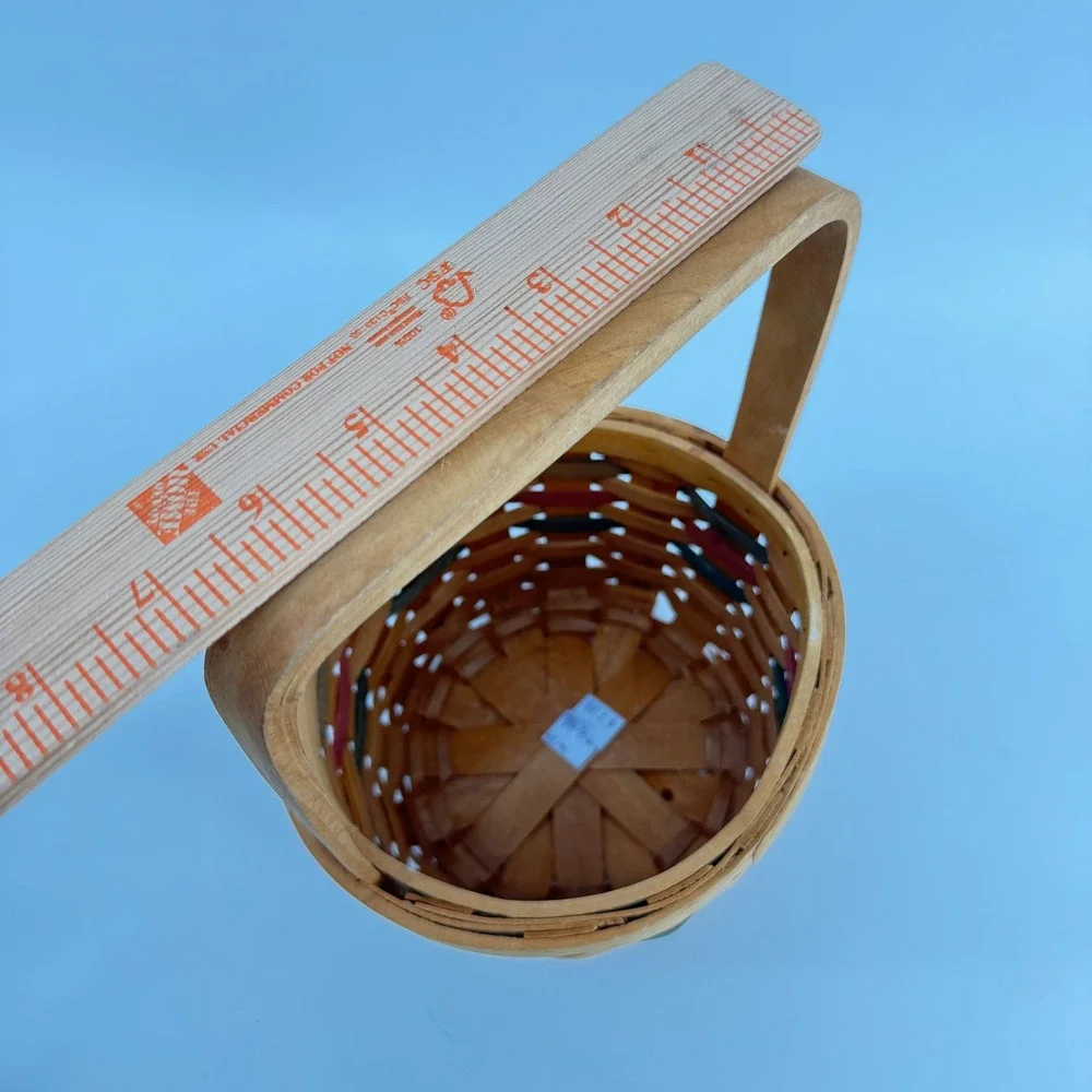Vintage Woven Wood‎ Basket Small Tan Green Red Farmhouse Decor Handle Easter